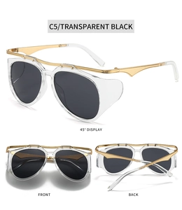 Detailed views of Y2K pilot sunglasses with transparent black frames and gold metal side shields