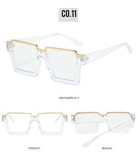 Three-angle view of square half-rim glasses with metal details and transparent frames