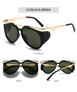 Three perspectives of retro Y2K sunglasses with black frames and dark green lenses