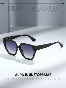 Detailed close-up of gradient purple lenses and polished black geometric sunglass frames
