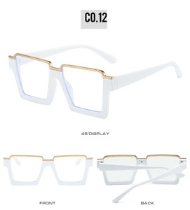 Detailed views of white rectangular half-rim sunglasses with gold metal accents