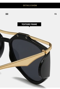 Detailed close-up of the Y2K oversized sunglasses showing the textured gold metal frame