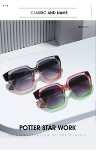 Detail view of large geometric sunglasses with stylish color-blocked frames and gradient lenses