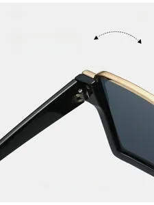Close-up of durable metal reinforced hinge on square semi-rimless black sunglasses