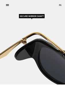 Close-up of secure metal hinge and golden temple on black Y2K fashion sunglasses