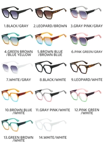 Detailed selection of trendy oversized square sunglasses in fourteen vibrant color combinations