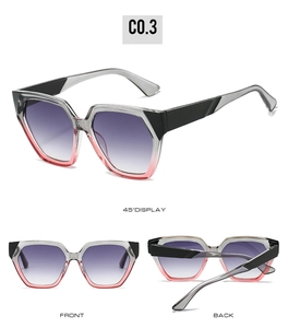 Detail view of geometric sunglasses featuring grey and pink gradient frames and purple lenses