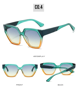 Three perspectives of trendy geometric sunglasses with green-orange gradient frame and lenses