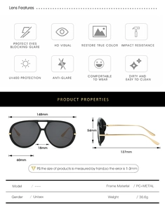 Detailed size chart and technical specifications for aviator sunglasses with UV400 protection