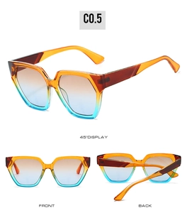 Detailed views of geometric oversized sunglasses with orange, brown, and blue gradient frame
