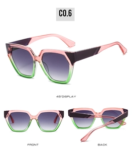 Detail views of pink and green gradient geometric sunglasses with purple lenses