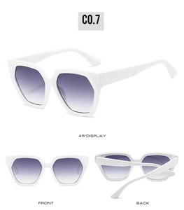 Three views of white geometric sunglasses with purple gradient lenses showing all angles