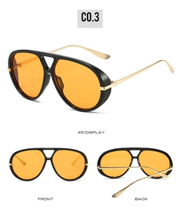 Detailed views of double-bridge aviator sunglasses with orange lenses and gold metal temples