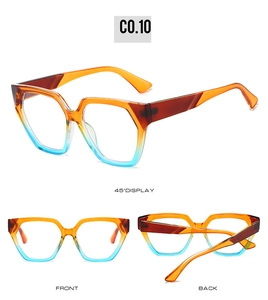 Detailed views of geometric sunglasses featuring an orange and light blue gradient frame