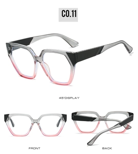 Three-angle view of trendy grey and pink gradient oversized polygonal sunglasses for women