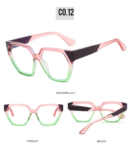 Multi-angle view showing pink and green gradient polygon sunglasses with black temples