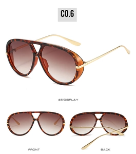 Three views of tortoise shell pilot sunglasses with gold temples and brown gradient lenses