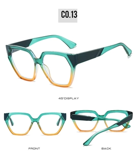 Detailed multi-angle views of geometric polygon sunglasses in green and yellow gradient