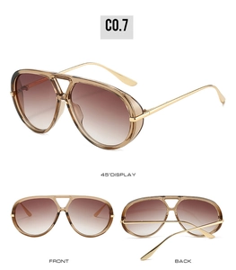 Three-way view of aviator sunglasses with brown gradient lenses and gold metal temples