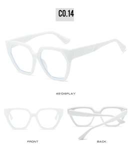 Three views of white geometric hexagonal sunglasses with C0.14 model details