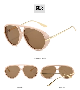 Three-angle view of nude pilot sunglasses with gold metal temples and brown lenses