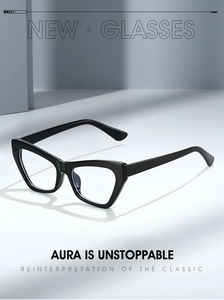 Detailed view of black cat-eye glasses frame with blue light blocking lenses for fashion