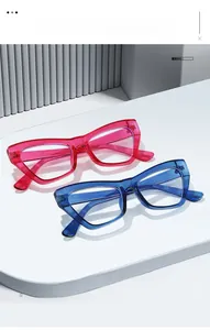 Detailed close-up of translucent cat-eye glasses frames in rose and dark blue resin