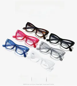Detailed view of six colorful cat-eye glasses frames arranged on a white background