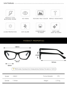 Detailed size specifications for PC cat-eye blue light blocking glasses frame 89221