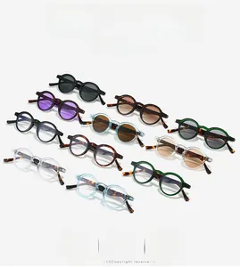 Detailed overhead view of oval frame sunglasses in multiple vintage colors and tints