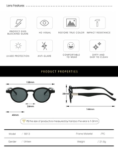 Detailed specs of oval sunglasses showing UV400 protection and dimensions