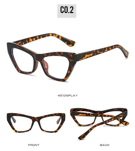 Front, back, and 45-degree views of tortoise shell cat-eye blue light blocking glasses