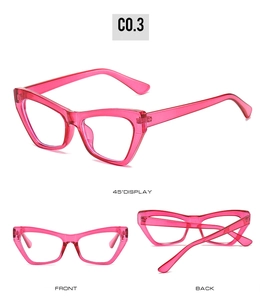 Cat eye blue light blocking glasses in transparent rose pink with triple view display