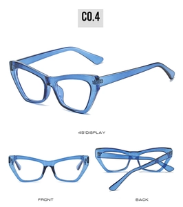 Blue translucent cat-eye glasses frame shown from front, back, and 45-degree angles