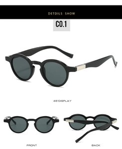 Detailed multi-angle views of retro oval sunglasses with black frames and metal hinges