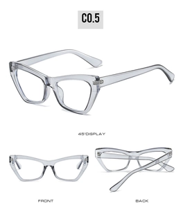 Detailed views of light grey transparent cat-eye glasses with minimalist resin frames
