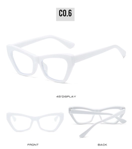 Three-way view of white cat-eye eyeglasses frame with front, back and 45-degree angles