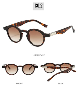 Three views of vintage tortoise shell oval sunglasses with brown gradient lenses