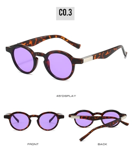 Detailed views of retro oval tortoise shell sunglasses with purple lenses and metal hinges
