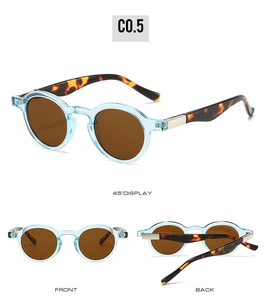 Multiple views of retro oval sunglasses featuring blue frame and tortoiseshell temples