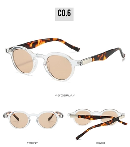Macro view of retro oval sunglasses with transparent frames and tortoiseshell temples