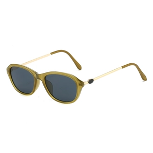 Olive green cat eye sunglasses with grey lenses and slim gold metal temples on white background