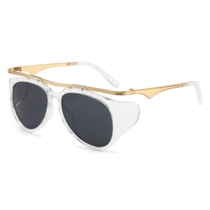 Y2K fashion sunglasses with transparent frames, gold metal accents and grey lenses