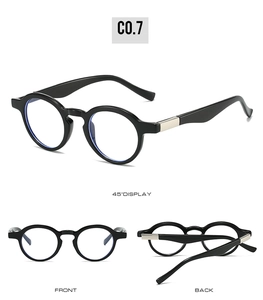Detailed front, back and side views of black oval sunglasses with silver metal accents