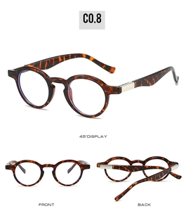 Three-way view of retro tortoiseshell oval glasses frames with silver metal accents