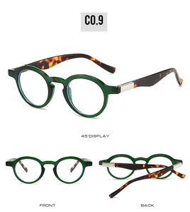 Three-angle view of vintage oval glasses with dark green frame and tortoiseshell temples