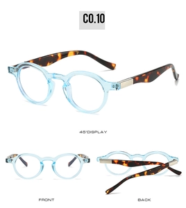Three-way view of retro light blue oval frames with tortoise pattern temples and silver hinges