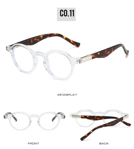 Three-angle view of oval retro sunglasses with clear frames and tortoise temples