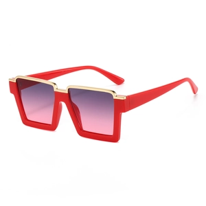 Fashionable red square half-rim sunglasses with gold metal trim and purple gradient lenses