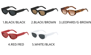 Flat lay of retro cat eye sunglasses in five colors including leopard and red